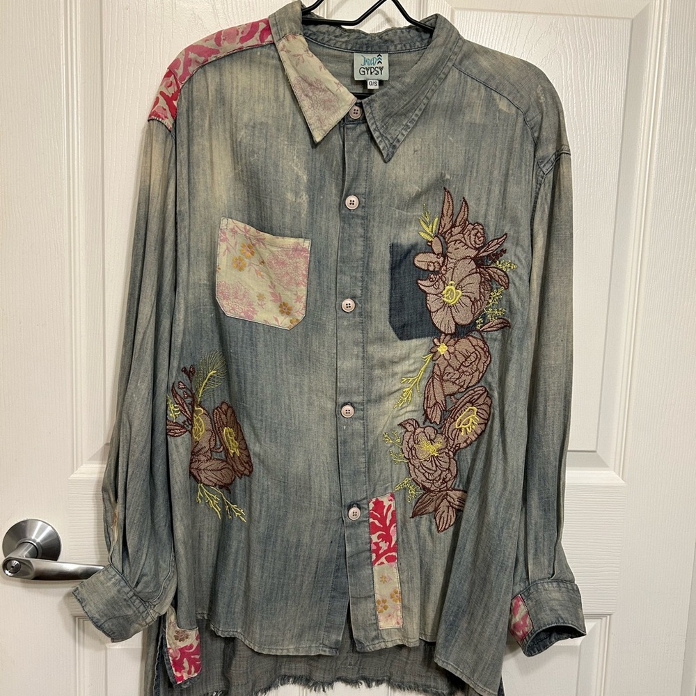 Jaded Gypsy’s Gypsy Moon Shirt with Embroidered Brown and yellow Floral Accents
